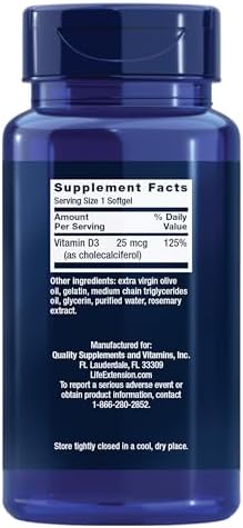 Life Extension Vitamin D3 25 mcg (1000 IU), Immune System Support, Bone Health, Whole-Body Health, Value Size, Gluten-Free, Non-GMO, 250 softgels | Bone Health, Cognitive Health & Immune System Support, Gluten-Free & Non-GMO, Once Daily for a Two-Month S…