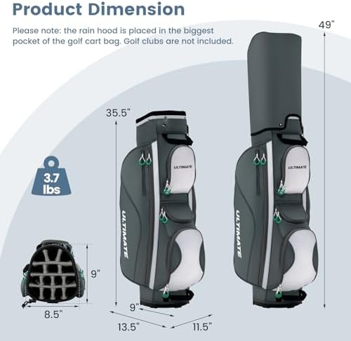 ULTIMATE 14-Way Golf Cart Bag, 3.7 LBS Lightweight Portable Golf Bag with Top Dividers, 7 Zipped Pockets Including Cooler Bag, Rain Hood