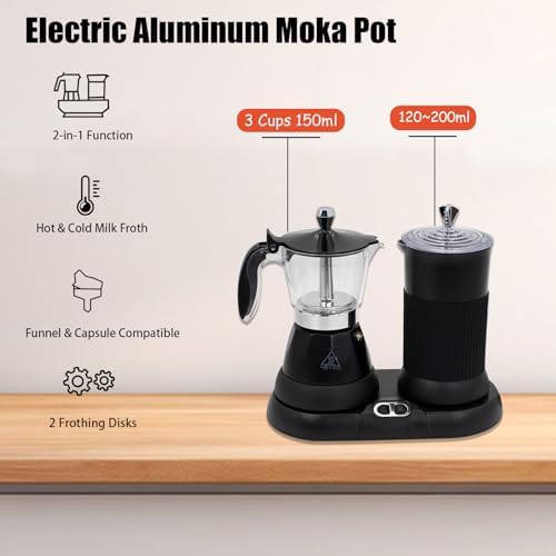 Espresso Maker with Milk Frother Electric Moka Pot 2-in-1 Espress Machine Aluminium One-Touch Operation Milk Froth Fine and Dense White 110V