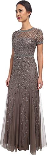 Adrianna Papell Womens Short-Sleeve Grid Beaded Gown