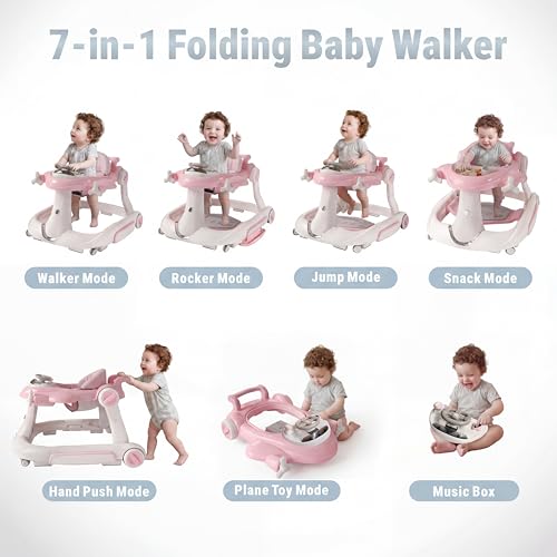7 in 1 Foldable Baby Walker, Rock/Push Mode/Activity Center, Green | Adjustable Height & Speed, Music, Lights, Footrest, Detachable Play Toy Panel, Walker with Wheels for Infants 7-18 Months