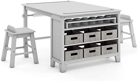 Martha Stewart Kids' Art Table and Chair Set - Linen White: Wooden Kids Play Table for Arts and Crafts | Coloring Desk with Paint Cups