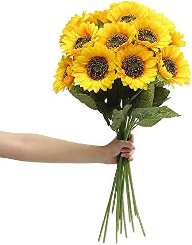Laelfe Artificial Sunflower Flowers Long Stem Silk Fake Large Sunflowers Decoration for Outdoor Home Wedding Baby Shower Birthday Party Single Bulk