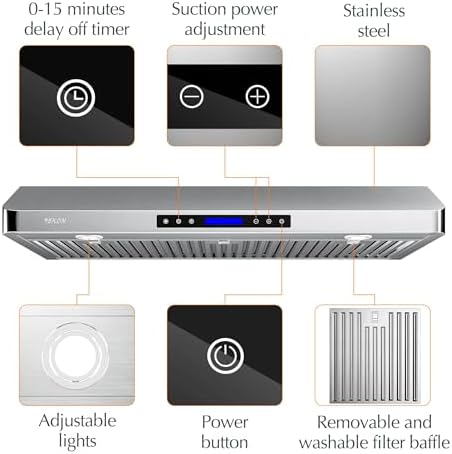 EKON 42 inches Under Cabinet Range Hood, 900 CFM Stainless Steel Kitchen Chimney Vent