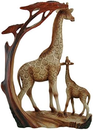 Zeckos Giraffe Family Carved Wood Look Resin Statue | 12 In. Tall, Hand-Painted Brown Finish, 8.5 In. Long X 3 In. Deep