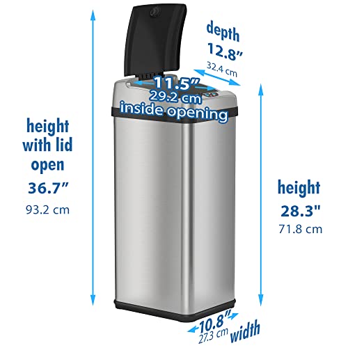 iTouchless Touchless Trash Can with AC Adapter, 3 Odor Filters Big Lid Opening Sensor Kitchen Garbage Bin, 13 Gallon, Stainless Steel, Platinum