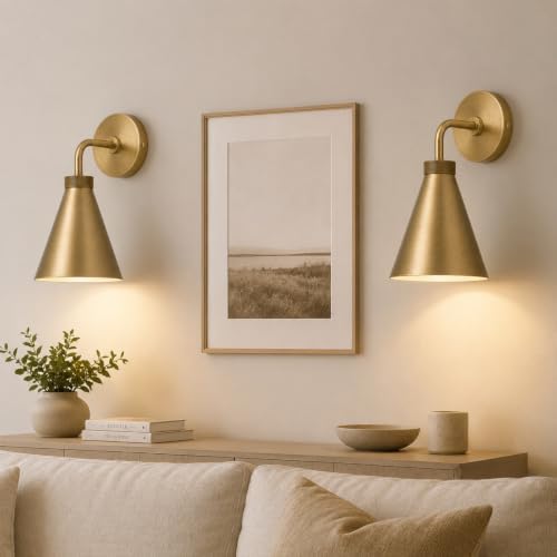 Vintage Metal Cone Wall Sconce, 6" W x 6" L x 11" H | Retro Industrial, Handmade, Antique Brass, Metal Shade, Wall Mount Lighting for Hallway
