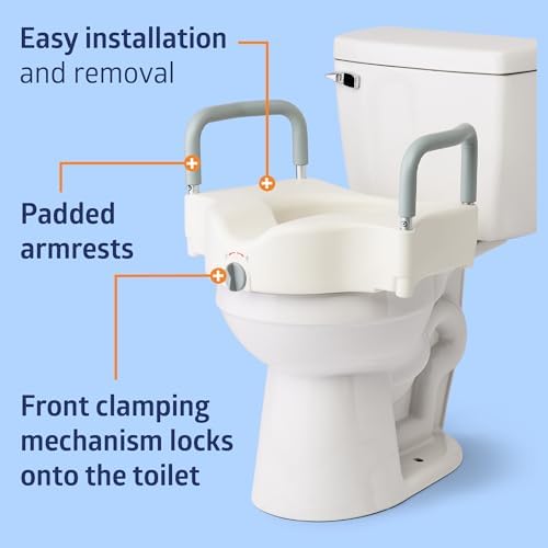 Medline 5" Standard Raised Locking Toilet Seat, 400 lb Capacity | Toilet Riser with Removable Padded Arms, Fits Most Standard Toilets, No Lid, Medical Seat For Adults and Elderly