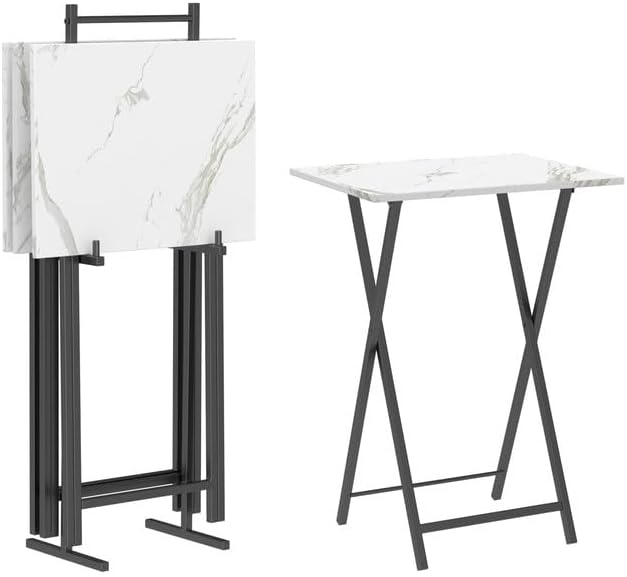 HOOBRO Folding TV Tray Tables, Set of 4 TV Trays with Storage Rack, Industrial Side Table for Eating at Couch, Foldable Snack Table for Small Space