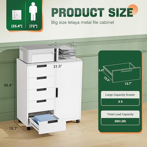 5 Drawer Storage Cabinet, Mobile Printer Stand for Home Office,Dresser Chest with Shelves and Door(White)