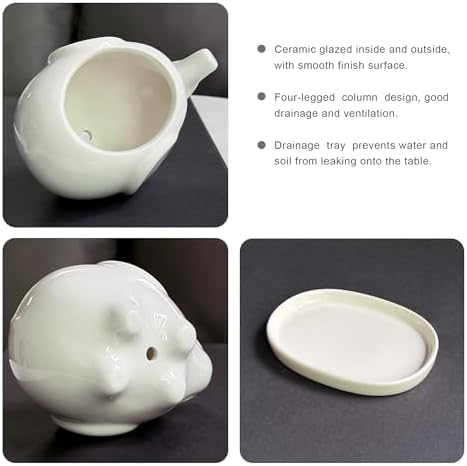 GeLive White Cow Succulent Pot, Small Ceramic Animal Planter with Drainage Hole & Saucer for Cactus, Mini Air Plants, Pencil Holder Brush Organizer, Indoor Home Office Desk Decor, Funny Gift