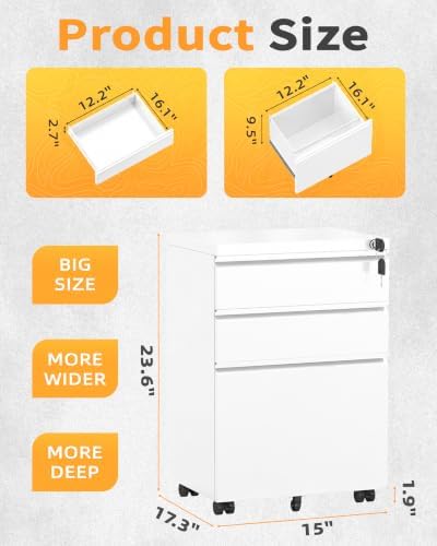 3 Drawer Mobile File Cabinet with Lock, Under Desk Metal Filing Cabinet for Letter/Legal/A4 Size, Fully Assembled Except Casters, Rolling Office Organizer for Home Office, Black