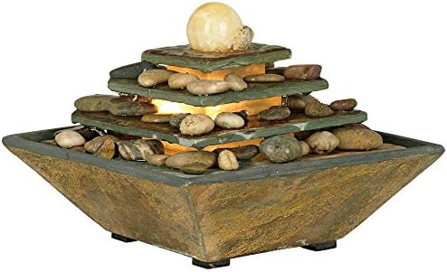 Pyramid 10" High Feng Shui Ball Lighted Table Indoor Small Fountain | Zen Modern Decor Slate Stone Tabletop with Light Waterfall Rock Water Feature for Desk Relaxation Bedroom Living Room