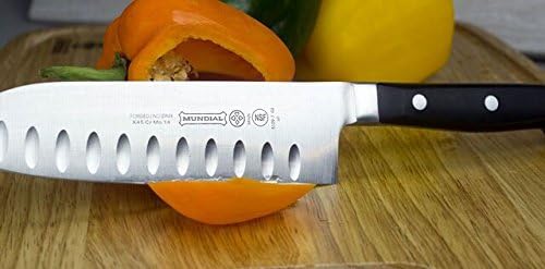 Mundial 5100 Series 7-Inch Granton Edge Santoku Knife with Black Handle, Ideal Knife for Meat and Vegetables, Precise Cuts for Julienning Thin Slices