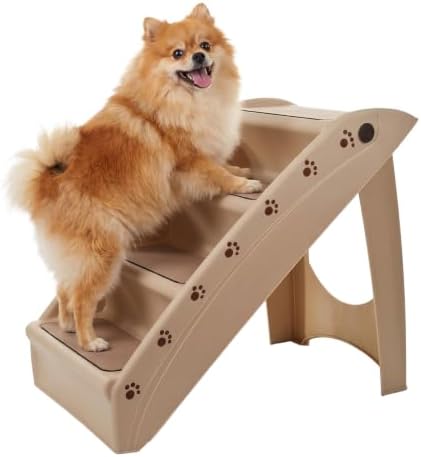 Pet Stairs - Home and Vehicle Foldable Nonslip Dog Steps with 4-Step Design - For Puppies, Kittens, and Other Small Pets by PETMAKER (Tan)