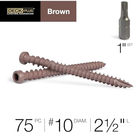 Deck Plus Composite Deck Screws, #10 x 2-1/2in, 1lb Box, 75 Pieces, Brown | Epoxy-coated steel, Star/torx drive with trap head