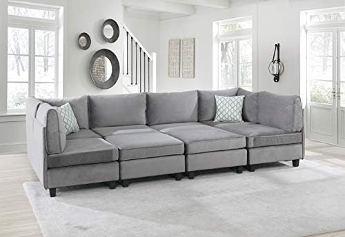 Lilola Home Simona 120-inch Modular Sectional Sofa, Gray Velvet 8-Piece U-Shaped Couch with 2 Ottomans & Accent Pillows