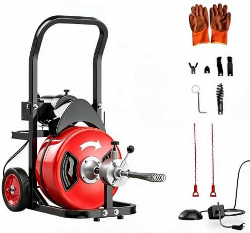 100Ft 3/4 Inch Drain Cleaning Machine. Sewer Snake 750w Auto Feed | Portable Drain Cleaning Machine Electric Drain Auger Sewer Auger with 6 Cutter Air-Activated Foot Switch for 4" to 8" Pipes