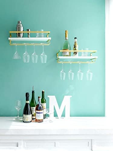 Mkono Wall Mounted Wine Rack Set of 2 Wood Rustic Wine Bottle Glass Floating Shelves with Stemware Hanger Modern Plants Photos Wine Display Storage