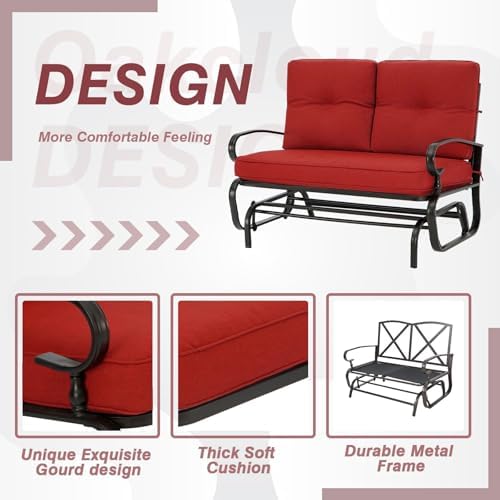 Outdoor Glider Rocking Bench 2 Person Patio Loveseat Steel Frame Furniture Set with Removable Cushion for Patio, Garden, Yard, Porch (Red)