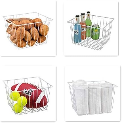 Freezer Organizer Bin, Kitchen Metal Wire Storage Basket, Pantry Cupboard Household Container Divider with Handles, Bathroom, Closet, Bedroom, Office