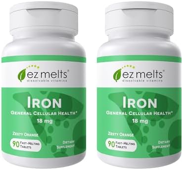 EZ Melts Iron - Supplement for Daily Energy & Iron Support - with Vitamin C - No Artificial Flavors - Non-GMO & Vegan - Zesty Orange - 90 Dissolvable Tablets (90 Servings)