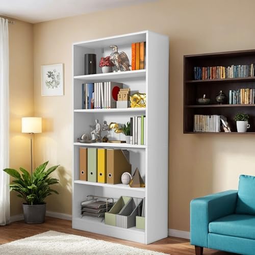 holzart 71" Tall Book Shelf, 5 Tier Large Bookshelf, Standing Wood Display Book Shelf for Living Room, Office, Library with Doors, 31.5" W x 70.87" H x 11.81" D, White
