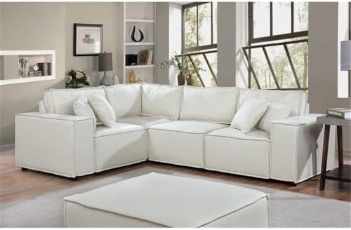 Lilola Home Melrose 99-inch Modular Sectional Sofa with Ottoman, Beige Linen Fabric L-Shaped Corner Couch for Small Spaces
