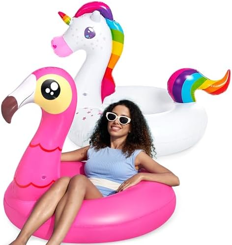 JOYIN 2-Pack Flamingo Unicorn Pool Float - Fun Floaties Inflatable Swimming Pool Tubes Toys Party Decorations