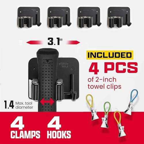 Wall Mount Hanger for Brooms & Mops - Adhesive Stainless Steel Mops & Broom Holder, 4 Clamps, 3 Hooks