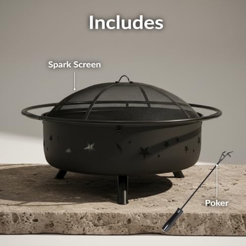 Sunnydaze Cosmic 42" Large Outdoor Fire Pit, Wood Burning, 34" Bowl Dia | Bronze, Heavy Duty Steel Metal, Includes Spark Screen, Wood Grate, & Poker, Round Backyard Firepit for Outside, Patio, Deck
