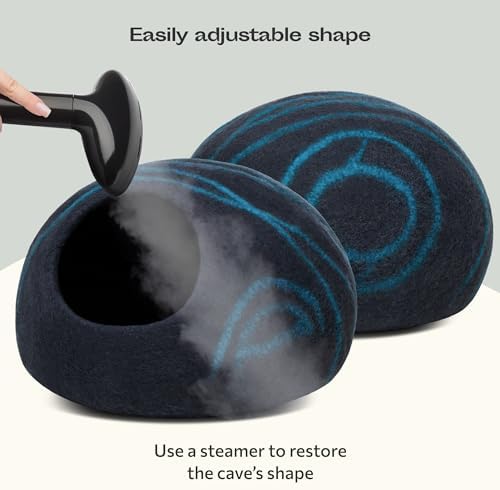 Cat Cave – Premium Felt Cat Bed for Indoor Cats, Handmade 100% Merino Wool (Large, Black Aqua)
