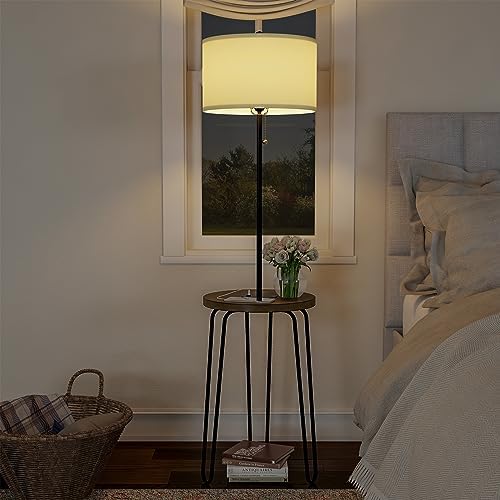 Lavish Home Floor Lamp with Built-In End Table, Brown/Black, 17” x 59” | Modern Side Table with USB Charging Port, LED Bulb, and Hairpin Legs
