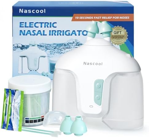 Nascool Electric Nasal Irrigation System with 50 Salt Packets Nose Cleaner | 2 Modes Sinus Rinse Machine with Self-Cleaning Cap, Rotatable Nozzle Base
