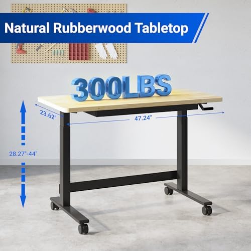FLEXIMOUNTS 47.2" x 23.6" Adjustable Height Workbench, Hand Crank | Rubberwood Top, Heavy-Duty Steel Frame, Drawers And 360° Wheels