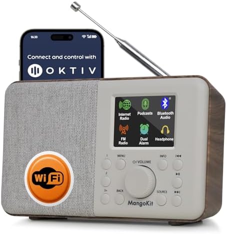 SR10 WiFi Radio, Bluetooth, FM & Internet, Walnut | 60 presets, dual alarms, colour display, OKTIV App control, podcast player, mains or AA battery, headphone jack, compact