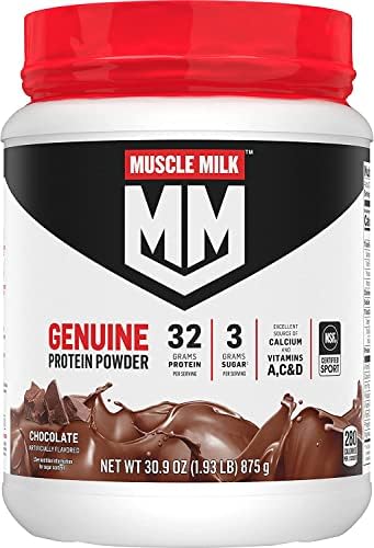 Muscle Milk Genuine Protein Powder, Chocolate, 1.93 Pounds, 13 Servings, 32g Protein, 2g Sugar, Calcium, Vitamins A, C & D, NSF Certified for Sport