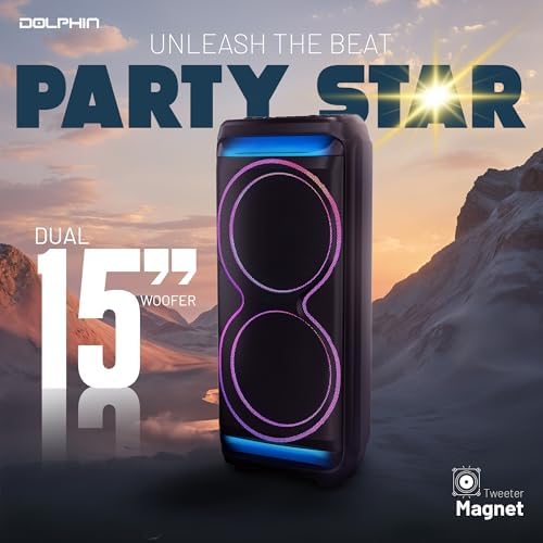 Dolphin Bluetooth Party Speaker with UHF Wireless Microphone, Dual 15" | 100W RMS, X-BASS, WaveSync TWS, LED Lights, USB, TF/SD, AUX, FM