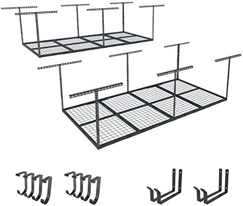 FLEXIMOUNTS 4x8 Overhead Garage Storage Rack with Hooks, Black