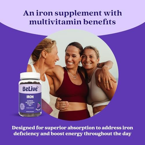 Belive Iron Gummies, Multivitamin Supplement, Blood Oxygen Support, 60 Ct | With Vitamin C, B Complex, Folate, and Zinc for Women, Men & Kids for Growth and Development, Grape Flavor
