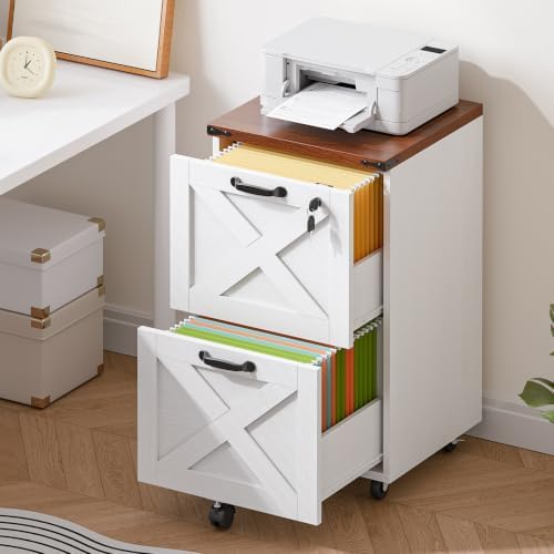 HOOBRO 3 Drawer File Cabinet with Lock, Mobile Filing Cabinet for Home Office, Wooden Farmhouse Office Storage Cabinet, Printer Stand Fits Letter and A4 Size, Walnut and White WH93WJ01G1