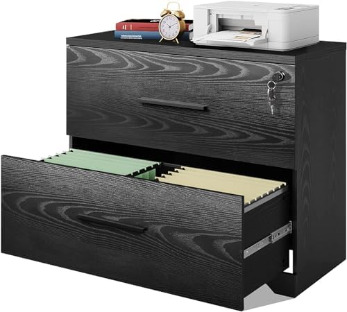 DEVAISE Lateral File Cabinet with Lock, 2 Drawer Filing Cabinet, Black