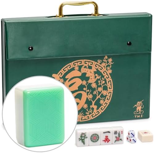 Yellow Mountain Imports Classic Chinese Mahjong Game Set, Emerald with 148 Medium-Size Translucent Green Tiles and Wooden Case