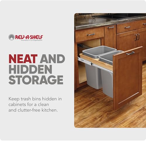 Rev-A-Shelf Double Top-Mount Pullout Trash Can, Min Opening 15" W, 35 Qt | Under Kitchen Cabinet Large Capacity Waste/ Recycling Containers, 150 Lbs Rated Full-Extension Slides, 4WCTM-18BBSCDM2 Silver