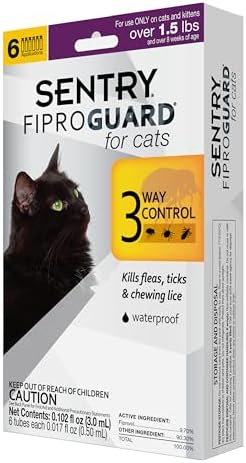 Sentry Fiproguard Flea & Tick Cats 1.5 lbs+, Fipronil, 6-Month | Ideal for Cats & Kittens 1.5 lbs+, Kills Fleas, Ticks & Chewing Lice for 30 Days