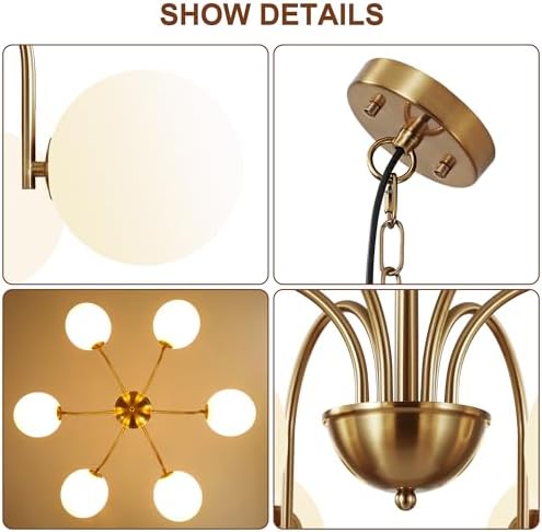 Vintage Brushed Gold Chandeliers for Dining Room Light Fixture, 6-Light Mid Century Milk Glass Globe Chandelier
