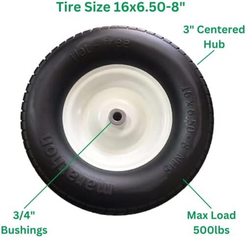 Marathon 16x6.50-8" Flat Free Tire on Wheel, 3" Hub, 3/4" Bushings