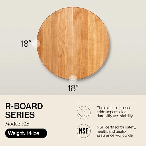 John Boos R-Board Series Round Wooden Maple Cutting Board 18”x18” – 1.5” Thick, 14-lb Reversible Butcher Block with Edge-Grain – Made in the USA