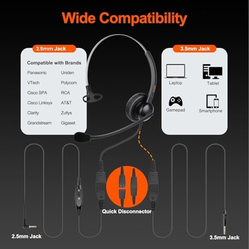 Lightweight Telephone Headset with 2.5mm Bottom Cable and Mute Button for Office Calls, Works with Cisco Polycom Panasonic Landline IP Desk Phones