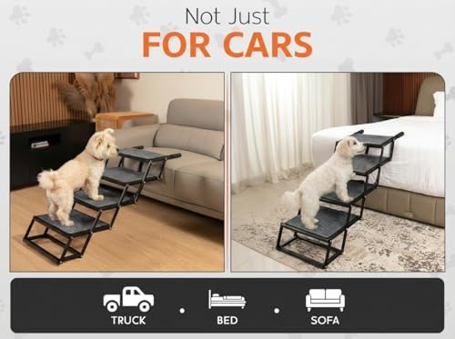 Foldable Dog Stairs for Cars Trucks & SUVs - Heavy-Duty Carbon Steel Pet Ladder Supports 230LB - Non-Slip Metal Mesh Joint-Friendly Portable Ramp for Large Dogs - 5 Step Pet Stairs w/Mat